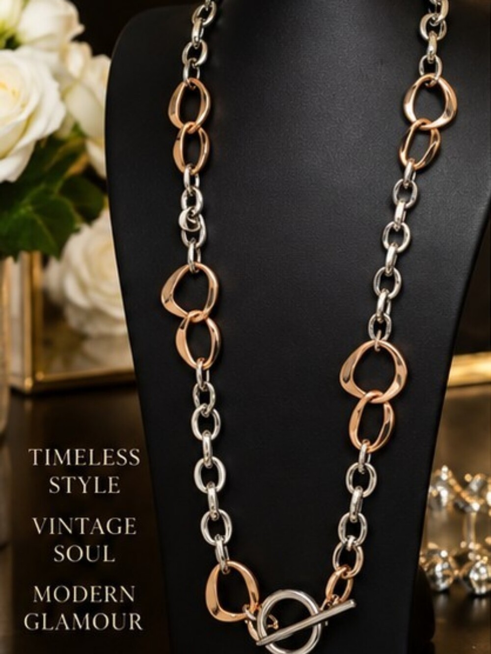 NWT 32" Rose Gold Silver Tone Sculptural Link Statement Necklace Lydell NYC